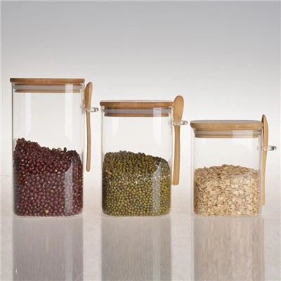 لکڑی کے ڈھکن کے ساتھ شیشے کا ذخیرہ کرنے والا کنستر