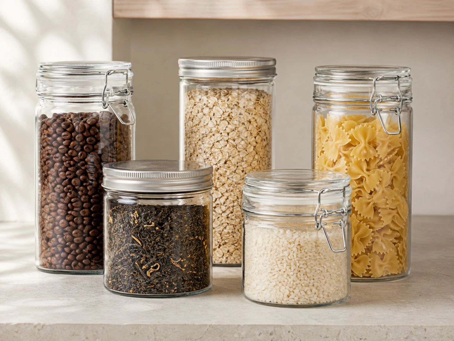 Glass jars for coffee beans, tea leaves and dry food storage Glass jars for coffee beans, tea leaves and dry food storage