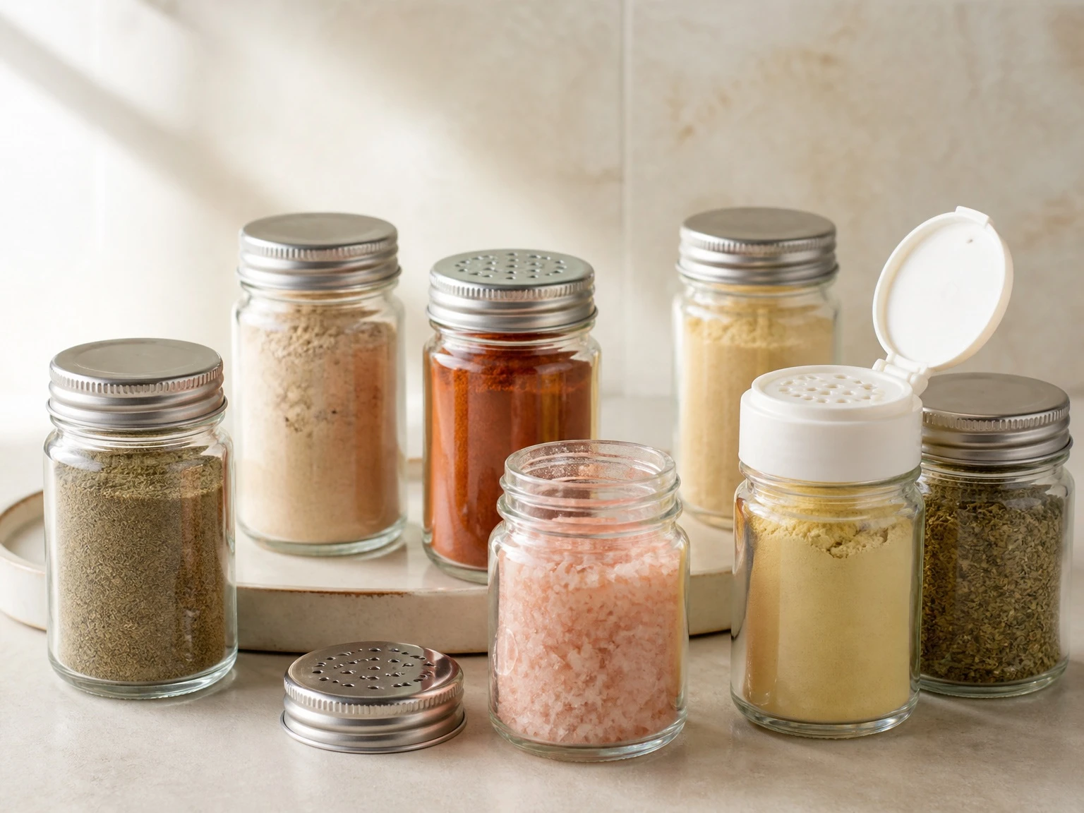 Glass jars with shaker tops and flip-top caps for spices and powders Glass jars with shaker tops and flip-top caps for spices and powders