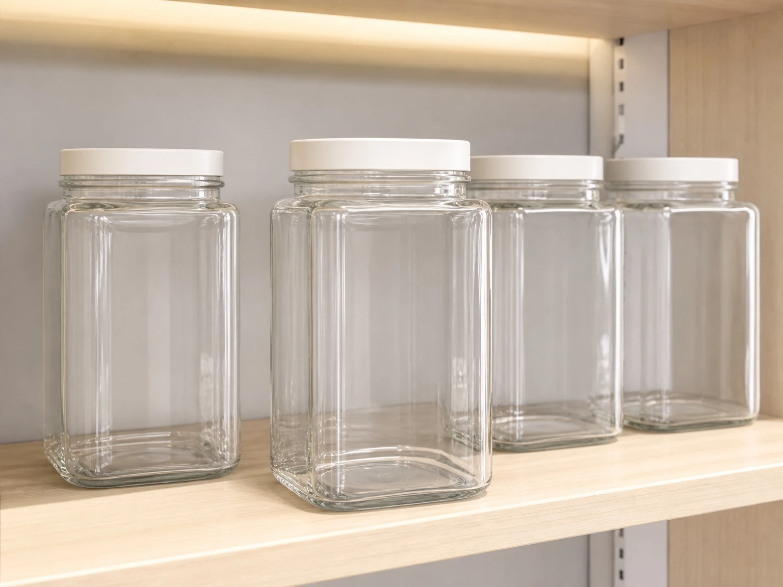 High-white glass jars on supermarket and boutique retail shelves High-white glass jars on supermarket and boutique retail shelves